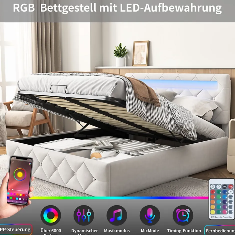 Fortuna lai Lit d'ameublement 140x200, lit double LED avec espace de stockage et cadre à latte,sans matelas,abricot Hot
