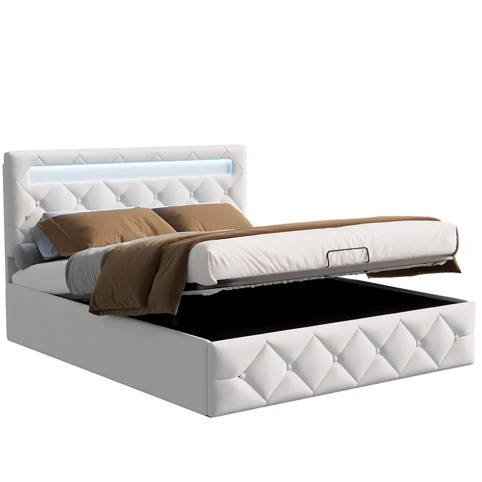 Fortuna lai Lit d'ameublement 140x200, lit double LED avec espace de stockage et cadre à latte,sans matelas,abricot Hot