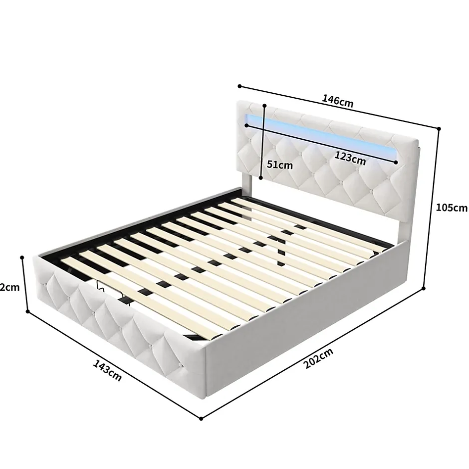 Fortuna lai Lit d'ameublement 140x200, lit double LED avec espace de stockage et cadre à latte,sans matelas,abricot Hot