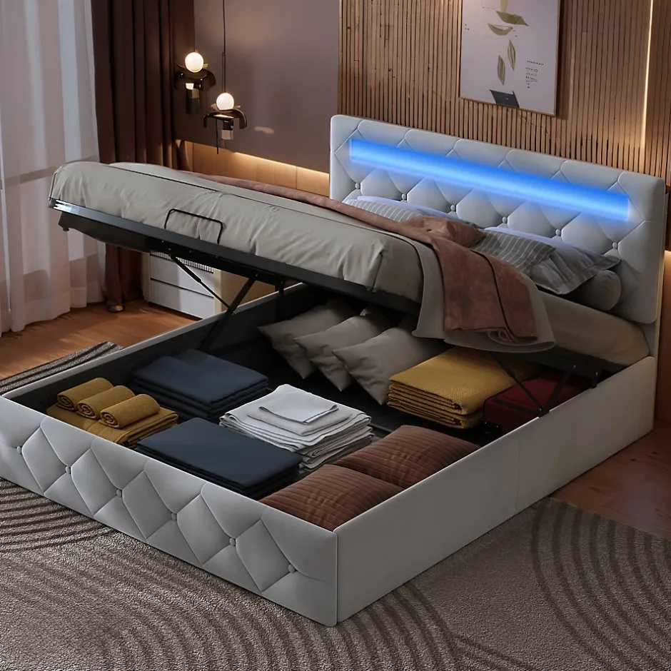 Fortuna lai Lit d'ameublement 140x200, lit double LED avec espace de stockage et cadre à latte,sans matelas,abricot Hot