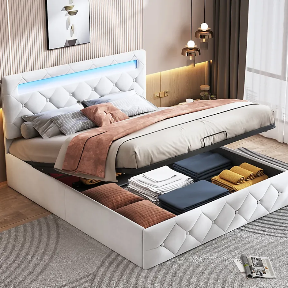 Fortuna lai Lit d'ameublement 140x200, lit double LED avec espace de stockage et cadre à latte,sans matelas,abricot Hot