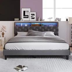 Okwish Lit Déco 140 x 200 Cm - Lit Double Capitonné avec Tête de Lit Coffre - Bois Massif et Lin - Sans Matelas - Gris Sale