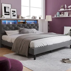 Okwish Lit Déco 140 x 200 Cm - Lit Double Capitonné avec Tête de Lit Coffre - Bois Massif et Lin - Sans Matelas - Gris Sale