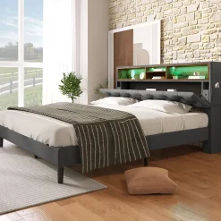 Okwish Lit Déco 140 x 200 Cm - Lit Double Capitonné avec Tête de Lit Coffre - Bois Massif et Lin - Sans Matelas - Gris Sale