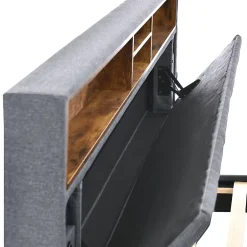 Okwish Lit Déco 140 x 200 Cm - Lit Double Capitonné avec Tête de Lit Coffre - Bois Massif et Lin - Sans Matelas - Gris Sale