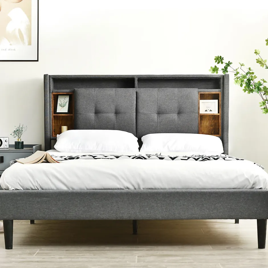 Okwish Lit Déco 140 x 200 Cm - Lit Double avec Chargement USB et LED - Bois Massif, Lin et Métal - Sans Matelas - Gris
