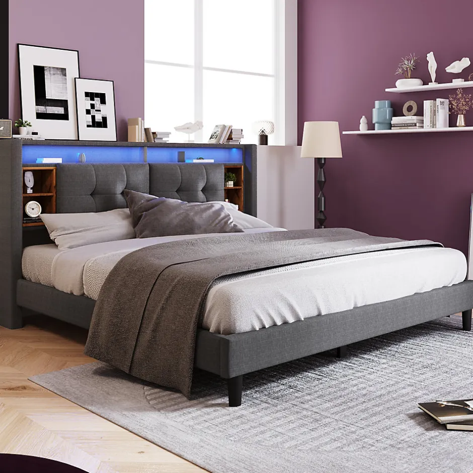 Okwish Lit Déco 140 x 200 Cm - Lit Double avec Chargement USB et LED - Bois Massif, Lin et Métal - Sans Matelas - Gris