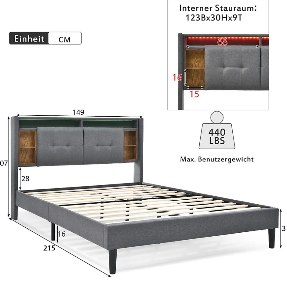 Okwish Lit Déco 140 x 200 Cm - Lit Double avec Chargement USB et LED - Bois Massif, Lin et Métal - Sans Matelas - Gris
