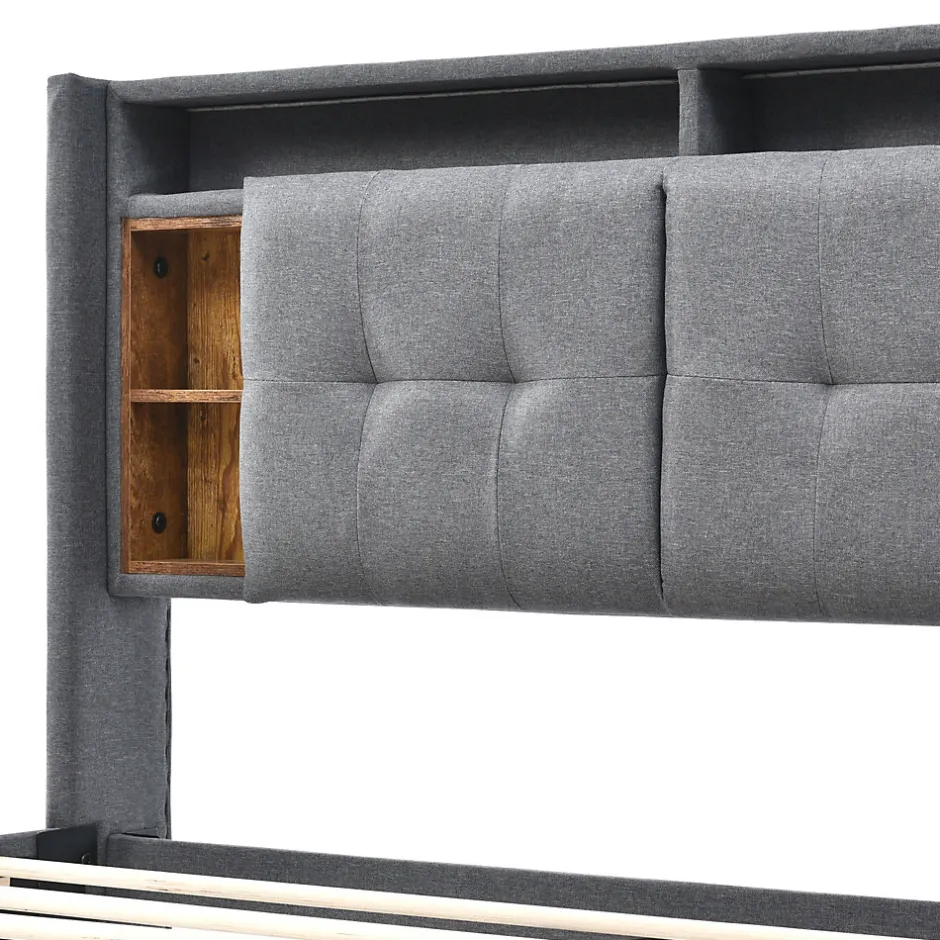 Okwish Lit Déco 140 x 200 Cm - Lit Double avec Chargement USB et LED - Bois Massif, Lin et Métal - Sans Matelas - Gris