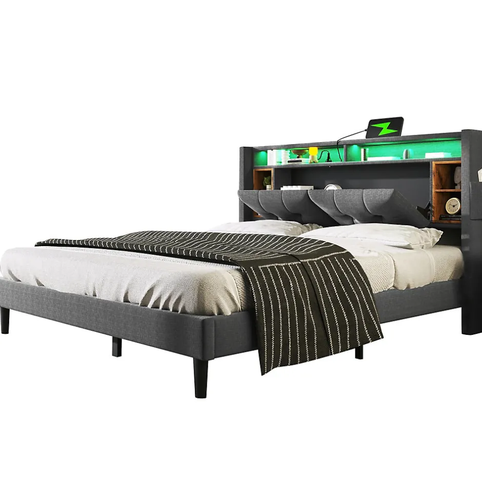 Okwish Lit Déco 140 x 200 Cm - Lit Double avec Chargement USB et LED - Bois Massif, Lin et Métal - Sans Matelas - Gris