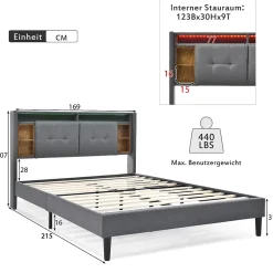 Okwish Lit Déco 160 x 200 Cm - Lit Double avec Chargement USB et LED - Bois Massif, Lin et Métal - Sans Matelas - Gris Sale