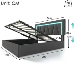 Gutent lit de rangement 160x200 cm lit rembourré lit eclairage led avec fonction de chargement usb type c lit double lin gris New
