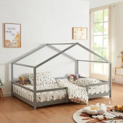 [En.Casa] Lit d'Enfant Forme Maison avec Grille de Protection Treviolo 200 x 140 cm gris en.casa Outlet