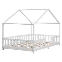 Enfant [En.Casa] Lit d'Enfant Forme Maison avec Grille de Protection Treviolo 200 x 120 cm Blanc Mat Laqué en.casa