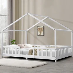 Enfant [En.Casa] Lit d'Enfant Forme Maison avec Grille de Protection Treviolo 200 x 120 cm Blanc Mat Laqué en.casa