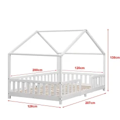 Enfant [En.Casa] Lit d'Enfant Forme Maison avec Grille de Protection Treviolo 200 x 120 cm Blanc Mat Laqué en.casa