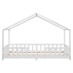 Enfant [En.Casa] Lit d'Enfant Forme Maison avec Grille de Protection Treviolo 200 x 120 cm Blanc Mat Laqué en.casa
