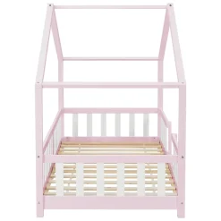 [En.Casa] Lit d'Enfant Forme Maison avec Grille de Protection Treviolo 200 x 90 cm Rose Blanc Mat Laqué en.casa Discount