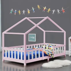 [En.Casa] Lit d'Enfant Forme Maison avec Grille de Protection Treviolo 200 x 90 cm Rose Blanc Mat Laqué en.casa Discount