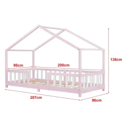 [En.Casa] Lit d'Enfant Forme Maison avec Grille de Protection Treviolo 200 x 90 cm Rose Blanc Mat Laqué en.casa Discount