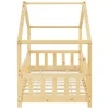[En.Casa] Lit d'Enfant Forme Maison avec Grille de Protection Treviolo 160 x 80 cm Bois Naturel en.casa Discount