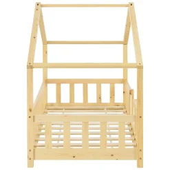 [En.Casa] Lit d'Enfant Forme Maison avec Grille de Protection Treviolo 160 x 80 cm Bois Naturel en.casa Discount