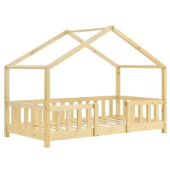 [En.Casa] Lit d'Enfant Forme Maison avec Grille de Protection Treviolo 160 x 80 cm Bois Naturel en.casa Discount