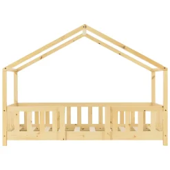 [En.Casa] Lit d'Enfant Forme Maison avec Grille de Protection Treviolo 160 x 80 cm Bois Naturel en.casa Discount