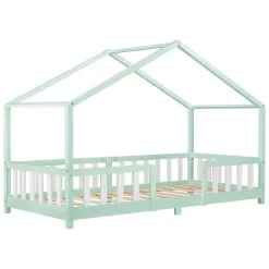 Enfant [En.Casa] Lit d'Enfant Forme Maison avec Grille de Protection Treviolo 200 x 90 cm Menthe Blanc Mat Laqué en.casa