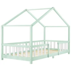 Enfant [En.Casa] Lit d'Enfant Forme Maison avec Grille de Protection Treviolo 200 x 90 cm Menthe Blanc Mat Laqué en.casa