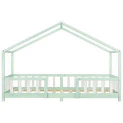 Enfant [En.Casa] Lit d'Enfant Forme Maison avec Grille de Protection Treviolo 200 x 90 cm Menthe Blanc Mat Laqué en.casa