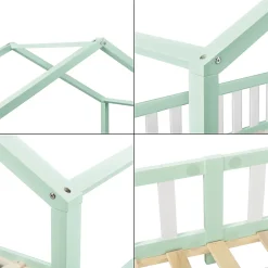 Enfant [En.Casa] Lit d'Enfant Forme Maison avec Grille de Protection Treviolo 200 x 90 cm Menthe Blanc Mat Laqué en.casa