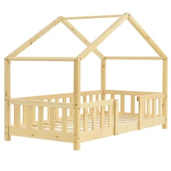 [En.Casa] Lit d'Enfant Forme Maison avec Grille de Protection Treviolo 140 x 70 cm Bois Naturel en.casa New