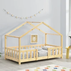 [En.Casa] Lit d'Enfant Forme Maison avec Grille de Protection Treviolo 140 x 70 cm Bois Naturel en.casa New