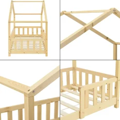 [En.Casa] Lit d'Enfant Forme Maison avec Grille de Protection Treviolo 140 x 70 cm Bois Naturel en.casa New