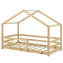 Enfant [En.Casa] Lit d'Enfant Maison avec Barreaux de Sécurité Knätten Pin 90 x 200 cm Bois Naturel en.casa