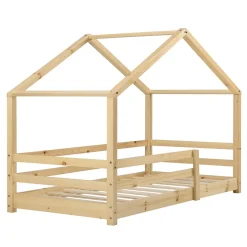 Enfant [En.Casa] Lit d'Enfant Maison avec Barreaux de Sécurité Knätten Pin 90 x 200 cm Bois Naturel en.casa
