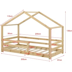 Enfant [En.Casa] Lit d'Enfant Maison avec Barreaux de Sécurité Knätten Pin 90 x 200 cm Bois Naturel en.casa