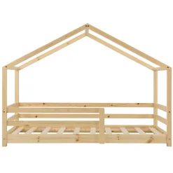 Enfant [En.Casa] Lit d'Enfant Maison avec Barreaux de Sécurité Knätten Pin 90 x 200 cm Bois Naturel en.casa