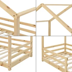 Enfant [En.Casa] Lit d'Enfant Maison avec Barreaux de Sécurité Knätten Pin 90 x 200 cm Bois Naturel en.casa