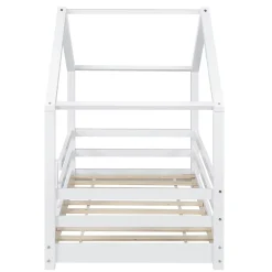 [En.Casa] Lit d'Enfant Maison avec Barreaux de Sécurité Knätten Pin 70 x 140 cm Blanc Mat Laqué en.casa Outlet