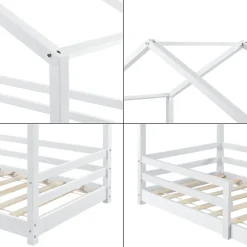 [En.Casa] Lit d'Enfant Maison avec Barreaux de Sécurité Knätten Pin 70 x 140 cm Blanc Mat Laqué en.casa Outlet