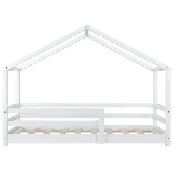 [En.Casa] Lit d'Enfant Maison avec Barreaux de Sécurité Knätten Pin 70 x 140 cm Blanc Mat Laqué en.casa Outlet