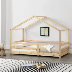 [En.Casa] Lit d'Enfant Maison avec Barreaux de Sécurité Knätten Pin 70 x 140 cm Bois Naturel en.casa Discount