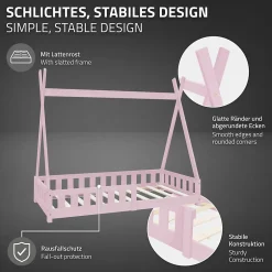 Ml-Design Lit d'enfant Tipi 80x160cm rose en bois de pin massif style indien avec sommier matelas Outlet