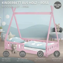 Ml-Design Lit d'enfant Tipi 80x160cm rose en bois de pin massif style indien avec sommier matelas Outlet