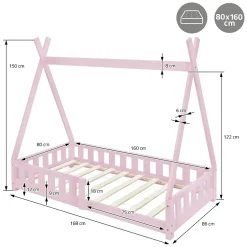Ml-Design Lit d'enfant Tipi 80x160cm rose en bois de pin massif style indien avec sommier matelas Outlet