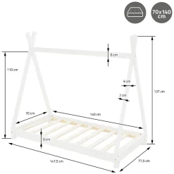 Enfant Ml-Design Lit d'enfant Tipi 70x140 cm blanc simple en bois de pin sommier à lattes style indien