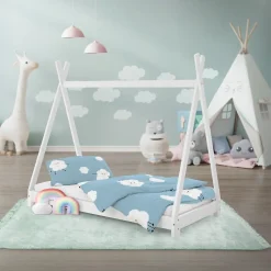Enfant Ml-Design Lit d'enfant Tipi 70x140 cm blanc simple en bois de pin sommier à lattes style indien