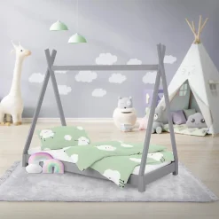 Ml-Design Lit d'enfant Tipi 70x140 cm gris clair simple en bois de pin sommier à lattes style indien Clearance